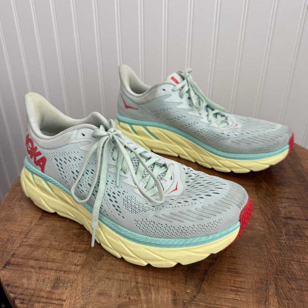 Hoka One One Women's Light Blue Mint Yellow Running Shoes with Red Accents
